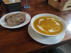Pumpkin soup with bread 😋 at Casa Bonita in Cat Ba
