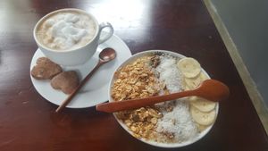 El Tropincano Smoothie Bowl and Coconut Coffee (not sure if the cookies are really vegan) at Casa Bonita in Cat Ba