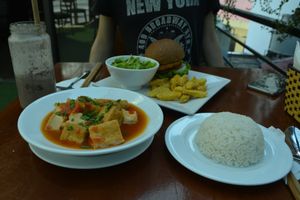 Tofu with tomato sauce and burger, plus smoothie at Casa Bonita in Cat Ba