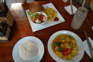 Tofu with tomato sauce and burger, plus smoothie (again!) at Casa Bonita in Cat Ba