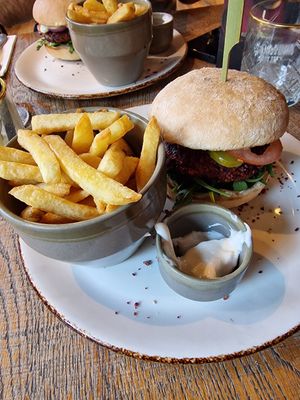 Vegan Veggie burger with fries with vegan mayo at Ellis Gourmet Burger in Leuven