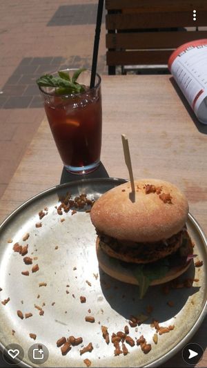 Holy Shitaake Burger with homemade ice tea at Ellis Gourmet Burger in Knokke-heist