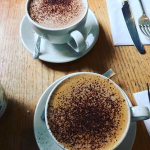 Oat milk mocha and hot chocolate!  at Juliets in Tunbridge Wells