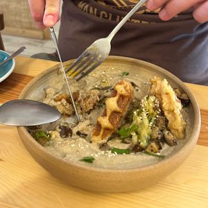 Eggplant purree with black sesame and miso, rice waffles. at Kia Ora in Annecy