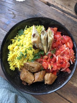 Turmeric rice, samosas & seitan sausage  at Kia Ora in Annecy