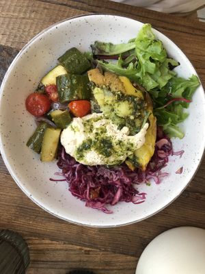 Veggie bowl with smashed potato & vegan ricotta  at Kia Ora in Annecy