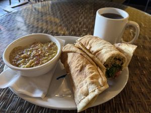 Falafel wrap with a side of dahl and a sunrise teaa   at Twisted Branch Tea Bazaar in Charlottesville