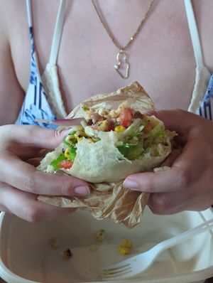 Burrito with roast veggies, Spanish rice, corn at Oahu Mexican Grill in Honolulu