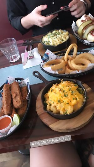 Freakshow seitan, vegan mac n cheese and onion rings. at The Diner - Spitalfields in London