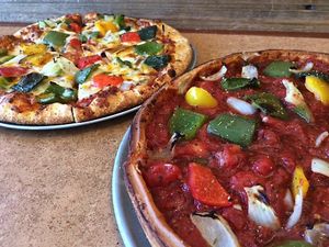 blend of red, green, and yellow bell peppers, Anaheim chile peppers, Pasilla peppers and onions, topped with a blend of jack and cheddar cheese at Zachary's Chicago Pizza in San Ramon