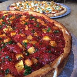 This pie is loaded with roasted butternut squash, goat cheese, spinach, red onion, parsley and mozzarella at Zachary's Chicago Pizza in San Ramon
