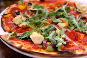 Vegan (and gluten-free) pizza. at Robertson's Organic Cafe in Tavistock