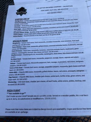 Pizza menu  at The Mitten Brewing Company in Saugatuck
