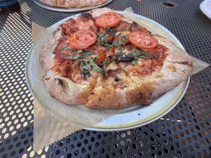Vegan Margherita Pizza (with unwanted tomatoes from my mom's salad, haha!)  at The Mitten Brewing Company in Saugatuck
