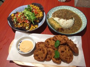Tofu tacos, daal and lotus root chips at Confusion Plant Based Kitchen in Hong Kong Island