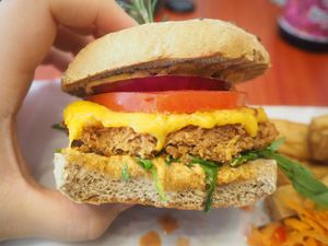 Beyond burger on a sourdough bun, filled with vegan mayo and fresh veggies. at Confusion Plant Based Kitchen in Hong Kong Island