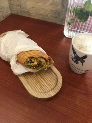 tofu&bean burrito with a soy latte at Confusion Plant Based Kitchen in Hong Kong Island