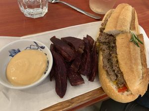 Impossible philly with yam fries.  at Confusion Plant Based Kitchen in Hong Kong Island