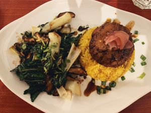 Tofu steak with rice and veggies 😋 at Confusion Plant Based Kitchen in Hong Kong Island