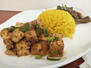 Tofu, eggplant, rice at Confusion Plant Based Kitchen in Hong Kong Island