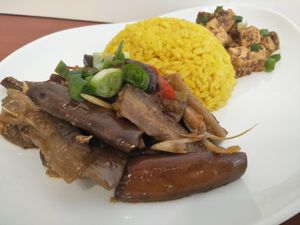 Eggplant, tofu, rice at Confusion Plant Based Kitchen in Hong Kong Island