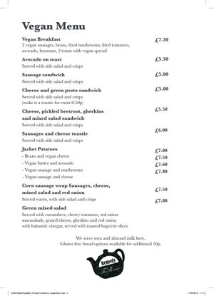 Vegan Menu at Remedy Tea Rooms in Rayleigh