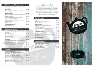 Food menu at Remedy Tea Rooms in Rayleigh