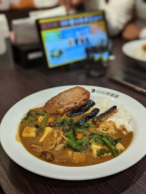 Vegan curry with soy hamburger and veggies at CoCo Ichibanya - Nakagyo Kawaramachi Sanjo in Kyoto