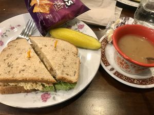 Toona salad sandwich. Soup of the day barley & lentil at 96 Lives Vegan Bakery and Cafe in Lancaster
