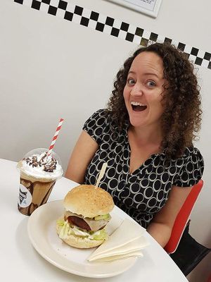 Epic Wahaca burger with pepperjack 'cheese', jalapenos, salsa, 'mayo' and salad + Notella shake. Joyous times! at Shakers Vegan - Pop-Up in Colchester