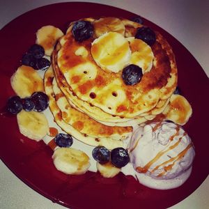 Double stack of fluffy American pancakes at Shakers Vegan - Pop-Up in Colchester