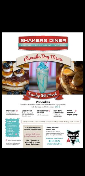 Pancake Day special opening menu! at Shakers Vegan - Pop-Up in Colchester