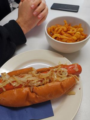 Hot dog and curly Fries at Shakers Vegan - Pop-Up in Colchester