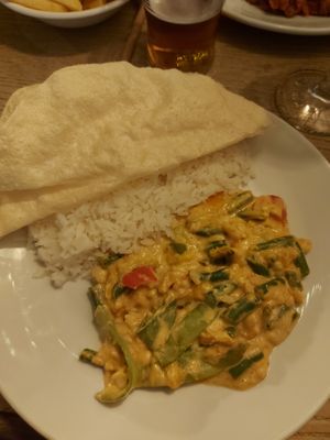 Penang curry, rice and poppadom at The Buck Hotel in Reeth