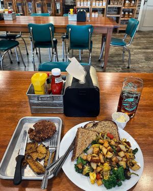 Vegan Tofu Scramble with Vegan Tempeh Bacon and Vegan Sausage  #Veganuary at Warehouse Bakery & Donuts in Fairhope