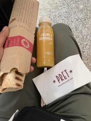 Meatless meatball wrap and mandarin and lychee juice. Was ok but expensive at $15.20  at HKG - Pret A Manger - T1 in Outlying Islands