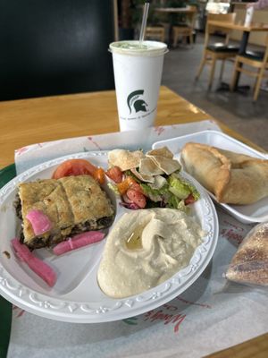 Veggie baked kibble meal with spinach pie and MSU Green Machine   at Woody's Oasis in East Lansing