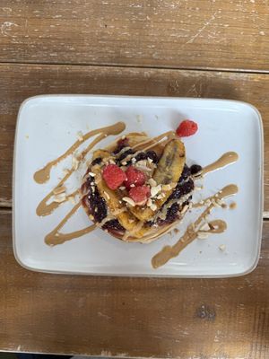 Peanut Butter Jelly Pancakes  at Hustle n' Flow Eatery in San Pedro De Alcantara