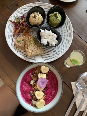 Smoothie bowl, toast with houmous and vegan feta, health shot, everything was amazing 😍 at Hustle n' Flow Eatery in San Pedro De Alcantara
