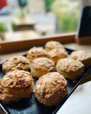 Vegan cherry & almond scones straight out of the oven… at Village Green Cafe in Hope Valley