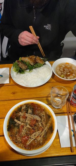 Spring rolls with noodles, and fake crab noodle soup. at Tam An Lac - Hoan Kiem in Hanoi