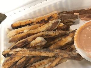 Sweet potatoe fries, hand cut, best ever  at Flourish Plant-Based Kitchen - Food Truck in Portland