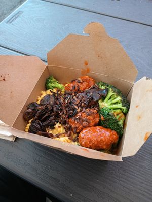 Not Yo Mama's with mushrooms and fritters at Flourish Plant-Based Kitchen - Food Truck in Portland