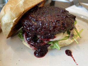 Flirty Burger with Chili Cherry Saucee  at Fogwood + Fig in Port Jervis