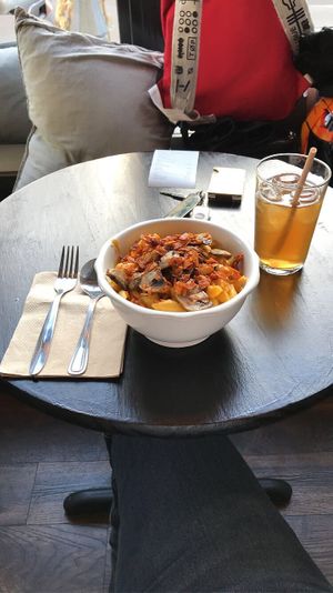 Vegan Mac + Cheese with Smoky Coconut Crisp + Cremini Mushroom. at Fogwood + Fig in Port Jervis