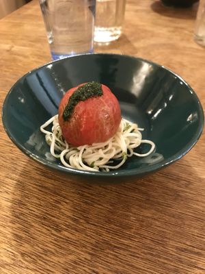 Appetizer, tomato on pasta with pesto on top.  at Hobodo Cafe in Kyoto