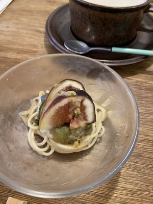 Fig and eggplant? With noodles   at Hobodo Cafe in Kyoto