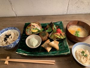 Lunch plate at Hobodo Cafe in Kyoto