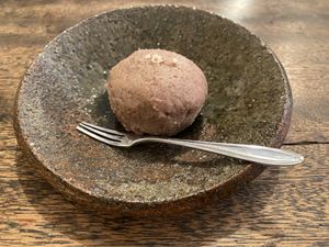 Hazelnut sweet rice ball at Hobodo Cafe in Kyoto