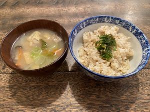 Miso soup with tofu and vegetables and rice at Hobodo Cafe in Kyoto